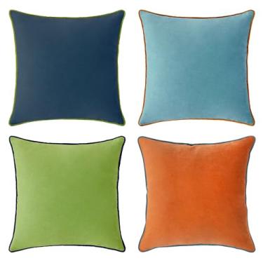 Imagem de MONDAY MOOSE Capas de almofada decorativas, conjunto de 4 designs modernos frente e verso de veludo macio, misture e combine para decoração de casa, almofadas não incluídas (41 x 40 cm, azul/laranja)