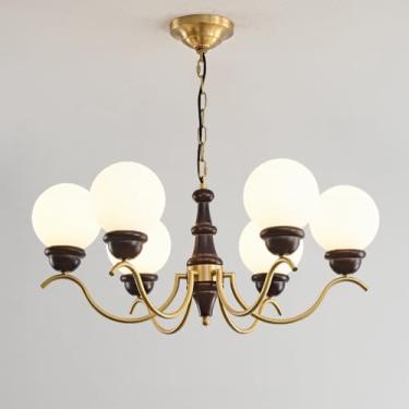 Imagem de Lustre de 3 luzes de meados do século, vidro leitoso branco, lustre de latão, luminária pendente Sputnik Farmhouse, lustre vintage de madeira para quarto, sala de estar, sala de jantar, ilha