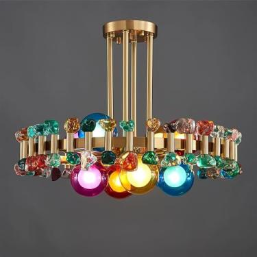 Imagem de Lustre de Cristais Lustre Moderno para Sala de Estar Luminária de Cozinha Redonda Dourada Luminária Pendurada em Pedra Colorida, Luzes de Teto de Cristal Lâmpada de Decoração para Casa, Dia8