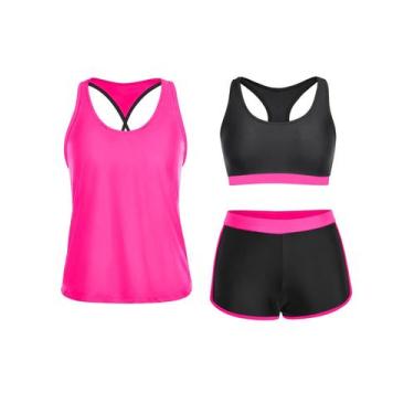 Imagem de Maiô Tankini Yonique de 3 peças para mulheres rosa quente/preto GG