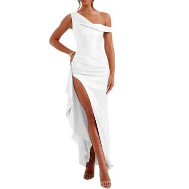 Imagem de Vestido de baile maxi Alphirkut 2024, fenda longa, cetim, branco, femi