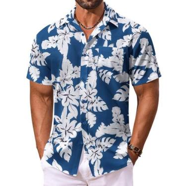 Imagem de Camisa masculina COOFANDY de manga curta com botões havaiana
