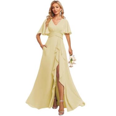 Imagem de Vestido de dama de honra Deamify com decote em V, chiffon franzido, li