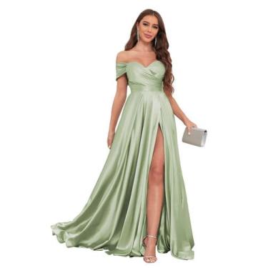 Imagem de Vestido de dama de honra JKMMYO, verde sálvia, cetim, com fenda no omb