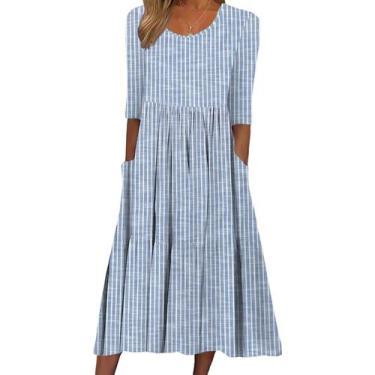 Imagem de Vestido feminino BEYINCUTE, listrado azul, manga 3/4, manga 3/4 com bo