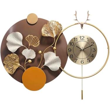 Imagem de WYUYIWH Relógio, relógio de parede, grande metal decorativo relógio de parede com pêndulo, 81 66 cm folha de ginkgo design de arte 3D silencioso sem tique-taque relógio de quartzo relógios de parede