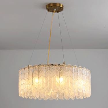 Imagem de YQSLQZZ Lustre dourado de luxo, luzes de teto semi-embutidas com altura ajustável, luminária pendente de vidro redonda moderna de 50 cm, para quarto, sala de estar, sala de jantar