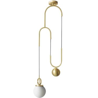 Imagem de YQSLQZZ Luminária pendente de globo dourado, 2 luzes de teto pós-modernas para pendurar na cabeceira com sombra de globo de vidro, altura ajustável, para sala de estar e quarto