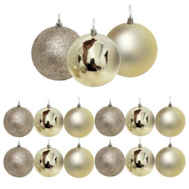 Imagem de Conjunto 12 Bolas de Natal Champanhe Prime Texturas Mistas 6cm Glitter, Brilho e Fosca