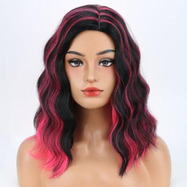 Imagem de MAGQOO Perucas pretas e rosa para mulheres, curto, encaracolado, ondulado, preto e rosa-choque, parte lateral, sintética, Halloween, cosplay, fantasia, festa, perucas