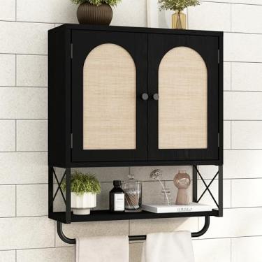 Imagem de RUSTOWN Armário de parede de banheiro de vime, armário de armazenamento boho sobre o vaso sanitário com portas arqueadas de vime, armário de medicina moderno com prateleiras ajustáveis e barra de