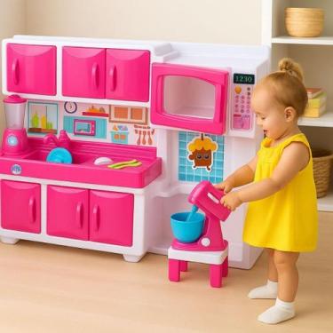 Imagem de Cozinha Infantil Brinquedo Rosa Branca Completa Micro-ondas Pia Armári