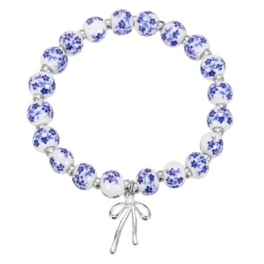 Imagem de PATIKIL Pulseira feminina de contas com pingente de laço, pulseira de cristal com contas de flores vintage, cordão elástico feito à mão com bolsa de veludo para presentes de joias, laço azul/prata