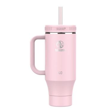 Imagem de Takeya Copo de palha com alça para café, água e muito mais - Construção durável com porta-copos de silicone embutido e 2 canudos - Isolamento de aço inoxidável de parede dupla - 1,134 g, blush