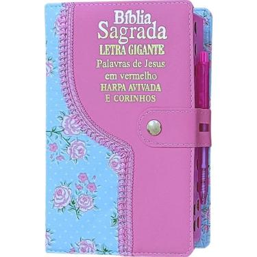 Imagem de Bíblia Sagrada Letra Gigante Com Harpa Femini Verde-Rosa