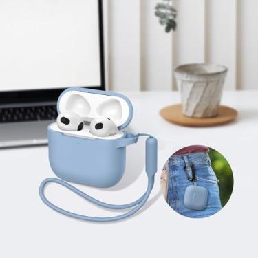 Imagem de Compatível com AirPods 4 geração [2024], fone de ouvido de silicone macio com chaveiro|alça de mão, capa protetora completa para fones de ouvido para AirPods 4ª geração - azul claro