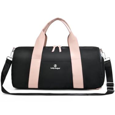 Imagem de Pequena bolsa de ginástica feminina com bolso molhado e compartimento de sapatos, linda mini bolsa esportiva esportiva para ioga, treino, dança, natação, Preto e rosa, Large