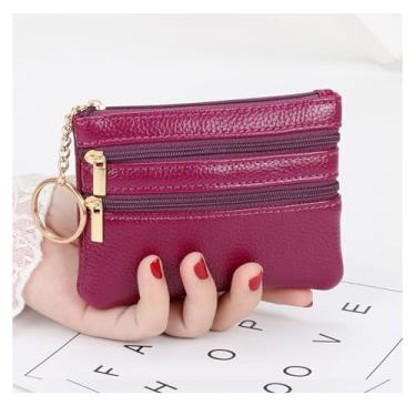 Imagem de Porta-moedas, carteira feminina compacta de couro com zíper - Mini carteira com chaveiro - organizador de bolso para cartões, dinheiro, identidade, Roxo, vermelho