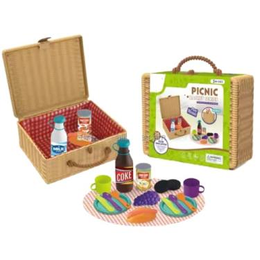 Imagem de Cesta de Piquenique Infantil com 25 Peças Brinquedo Faz de Conta Maleta com papel Xadrez e Acessórios