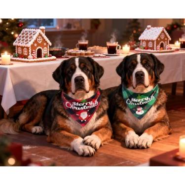 Imagem de Lenço clássico xadrez triângulo natalino com estampa de Papai Noel e boneco de neve, roupa de inverno para meninos e meninas, fantasia de cachorro xadrez vermelho e verde para cães de médio a grande