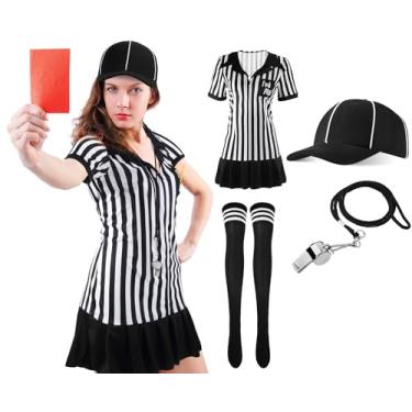 Imagem de SATINIOR Conjunto de fantasia de árbitro feminino, 5 peças, listrado, ref, camisa, chapéu, meias longas, apito para festa de cosplay de Halloween (2GG)
