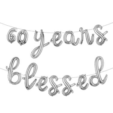 Imagem de 60 Years Blessed Banner de balão multicolorido com glitter, decorações de festa de aniversário de 60 anos/casamentos, cenários de sinalização (G 60 YEARS BLESSED prata)
