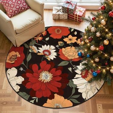 Imagem de jinchan Tapete redondo preto vintage floral 1,8 m para quarto - tapete lavável macio antiderrapante interior boho estampa de flores círculo 1,8 m redondo para sala de estar, sala de jantar, escritório