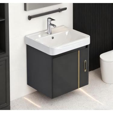 Imagem de Armário de banheiro compacto montado na parede de 43 cm com lavatório de cerâmica Lavatório minimalista de parede projetado para banheiros compactos. Inclui sistema de drenagem completo e acessórios