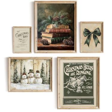 Imagem de Vodefoad Conjunto de impressões de Natal vintage verde escuro fazenda galeria de Natal arte de parede inverno temperamental nostálgico decoração de casa de campo conjunto de 5 peças para quarto