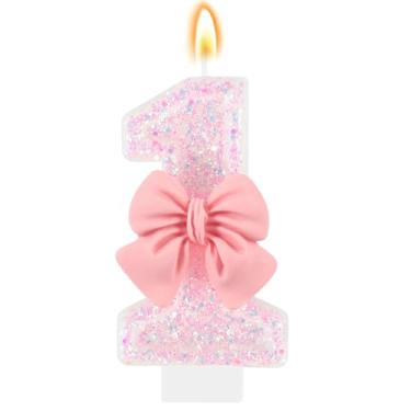 Imagem de IDIJOLI Laço de vela de aniversário rosa número 1, topo de bolo, decoração de cupcake, decorações de festa de aniversário, comemorações, suprimentos, lembrancinhas