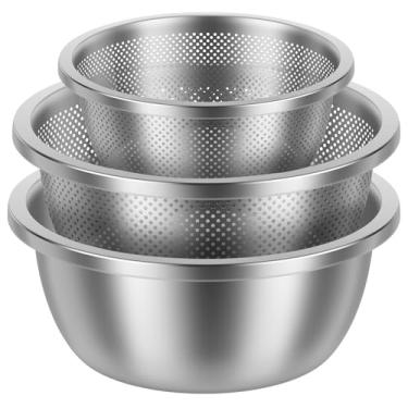 Imagem de 3 peças de escorredor microporoso de aço inoxidável com conjunto de tigela de mistura, 1,8 qt 2,8 qt lavadora de arroz, escorredor para cozinha para drenagem, lavagem, lavagem, massa, legumes, frutas