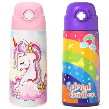 Imagem de Garrafa de água isolada para meninas com canudo pop-up coberto, copos infantis de 473 ml com aço inoxidável à prova de vazamento para escola (pacote com 2, unicórnio + arco-íris)
