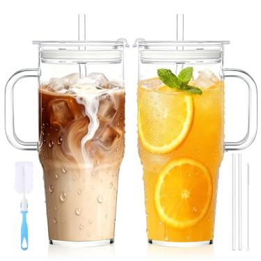 Imagem de Birity Copos de vidro de 1,134 g com tampas e canudos, copo de vidro com alça, 2 conjuntos - Copos de café de gelo de vidro reutilizáveis com tampa e canudo para smoothies, chá, suco, copo Boba para
