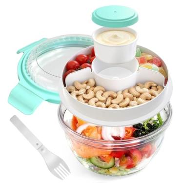 Imagem de WHALEHOUSE Recipiente de salada ECOZEN PCTG ecológico transparente, tigela de salada de plástico durável de 945 ml com tampa e bandeja de lanches, recipiente de molho à prova de vazamento, garfo