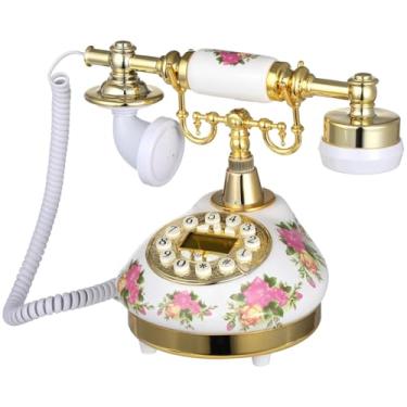 Imagem de Telefone de mesa de cerâmica floral, telefone fixo antigo com botão de pressão, telefone clássico com visor LCD e controle de volume, peça decorativa para sala de estar, escritório ou hotel