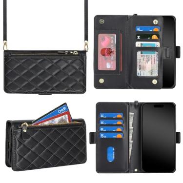 Imagem de Jaorty Capa carteira para iPhone 15 com alça transversal, cordão de colar de ombro, capa flip de couro PU, losango para mulheres e homens, bolso com zíper, suporte, porta-cartão, 15,5 cm preto