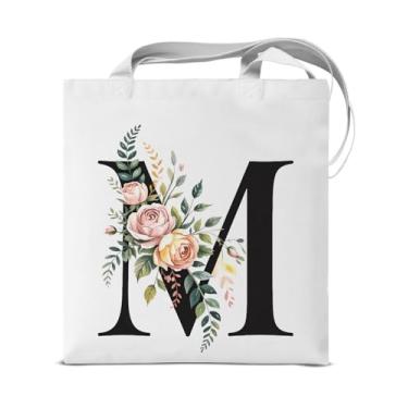 Imagem de KSFFWQIN Sacola de lona inicial M para mulheres, meninas, floral, letra M, personalizada, reutilizável, mercearia, bolsa de ombro para compras, trabalho, viagem, praia, monograma, presentes