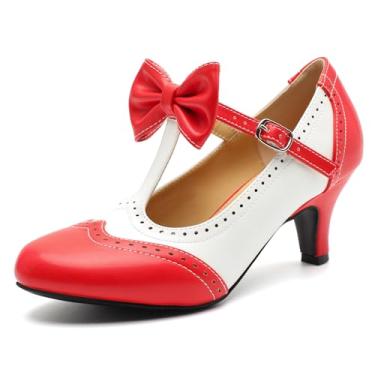 Imagem de Rjclyh Sapato feminino com tira em T Mary Jane Oxfords vintage laço médio salto gatinho lolita bico redondo sapato social para festa de casamento, Vermelho e branco, 36