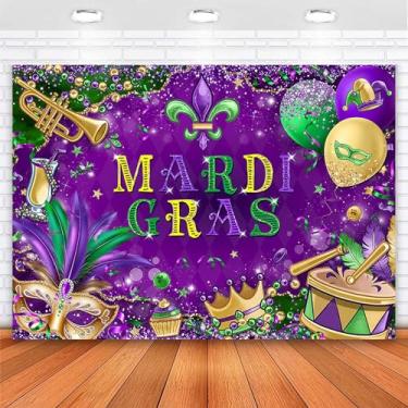 Imagem de Avezano Cenário de carnaval Mardi Gras decorações de festa de carnaval roxo dourado máscara tema baile de máscaras faixa de fundo para fotografia de festa (3 x 2 m, 299 x 208 cm)