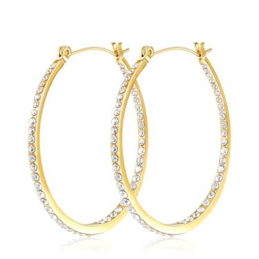 Imagem de KOSE Brincos de argola de ouro 14K hipoalergênicos, brincos de argola de strass banhados a ouro 14 K, presente para mulheres e amigas, 43mm, Aço inoxidável, Zircônia cúbica