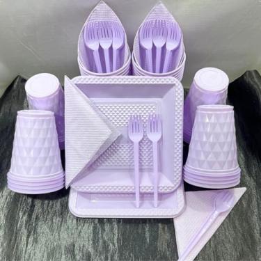 Imagem de Kit Festa Descartável 180 Itens Premium com Pratos Copos Talheres Cores Pastel para Aniversário (Lilas Candy)