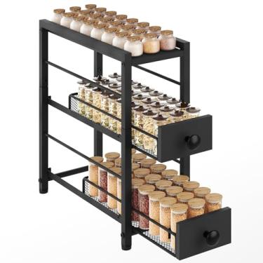 Imagem de YATINEY Porta-temperos, organizador de temperos de 3 camadas para bancada, organizador giratório estreito com 2 gavetas, para cozinha, café, preto SR02BB