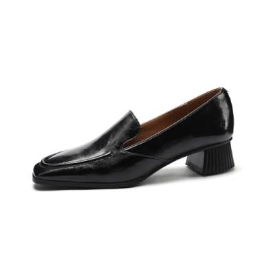 Imagem de TinaCus Mocassins femininos feitos à mão com bico quadrado de couro legítimo sem cadarço, Preto, 35