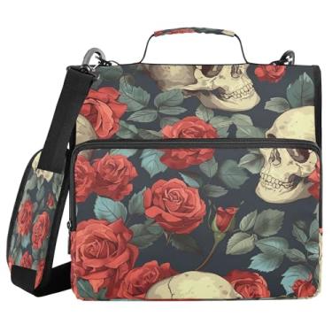 Imagem de SEHANY Fichário com zíper de caveira e flor com alça de ombro, capacidade para 500 folhas, vários bolsos, fichário com 3 anéis e zíper de 3 anéis