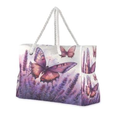 Imagem de ATTX Bolsas de praia femininas de campo lavanda com borboletas - bolsas de praia grandes com zíper à prova d'água à prova de areia bolsa para piscina bolsa grande #94