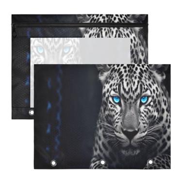 Imagem de ATTX Pacote com 2 bolsas de fichário de guepardo de olhos azuis - Bolsa impermeável com zíper de 3 anéis com janela transparente, acessórios de material de escritório para estojos de lápis e