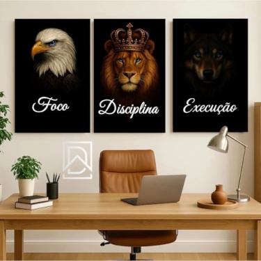 Imagem de Kit 3 Quadros Motivacionais Leão | Arte Moderna para Sala Quarto Escritório | Painéis Decorativos de Parede com Tema Foco Disciplina Execução | Estilo Elegante e Inspirador (60x40)