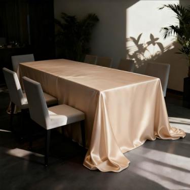 Imagem de Wuluwala Toalha de mesa retangular de cetim champanhe, lisa, oblonga, lavável, decorativa, tecido de seda brilhante, capa de mesa para restaurante, cozinha, jantar, festa de casamento, eventos de