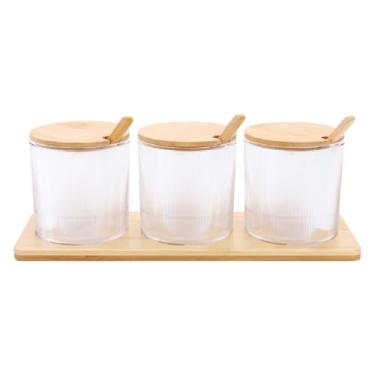 Imagem de 3 Potes de Acrilico Tampa de Bambu para Organizar Decorar Banheiro Quarto Lavabo