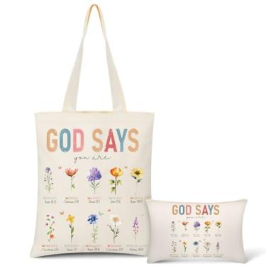 Imagem de SilTriangle 2 bolsas de mão cristãs femininas de lona para maquiagem religiosa, presente de escritura de igreja de Natal (God Says You Are)